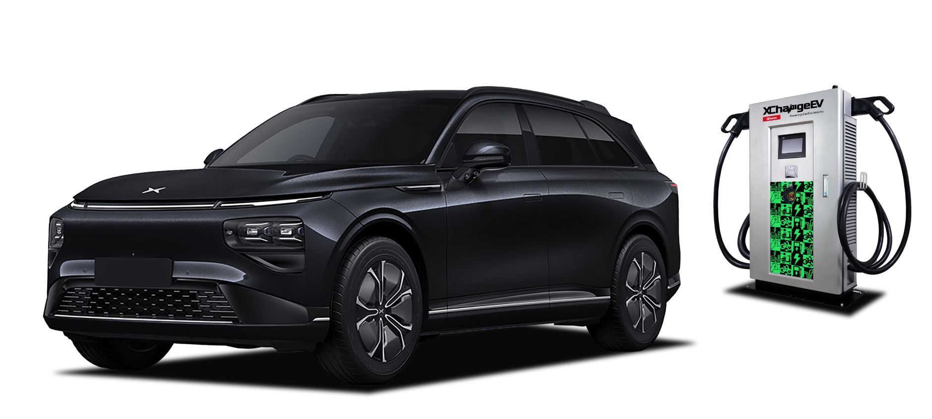 Black Xpeng beside an XChargeEV charger